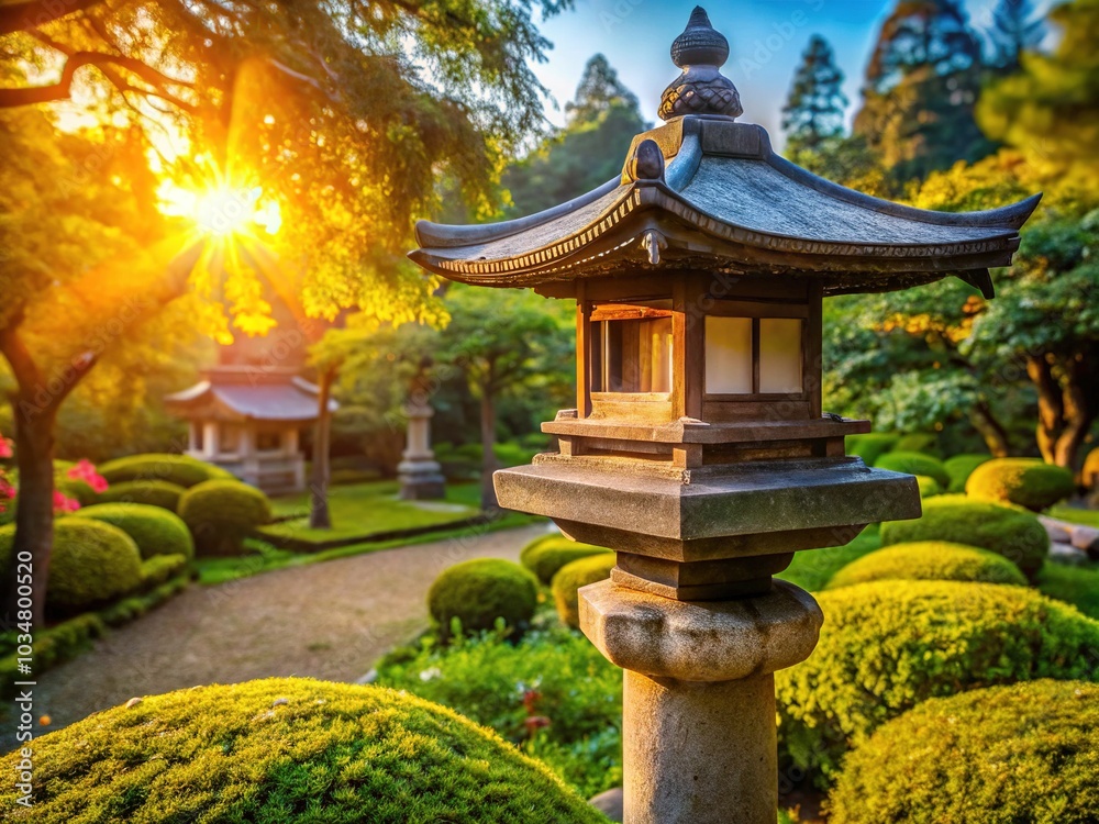 Traditional stone lantern guides visitors through a tranquil sanctuary. Traditional stone lantern guides visitors through a tranquil sanctuary.