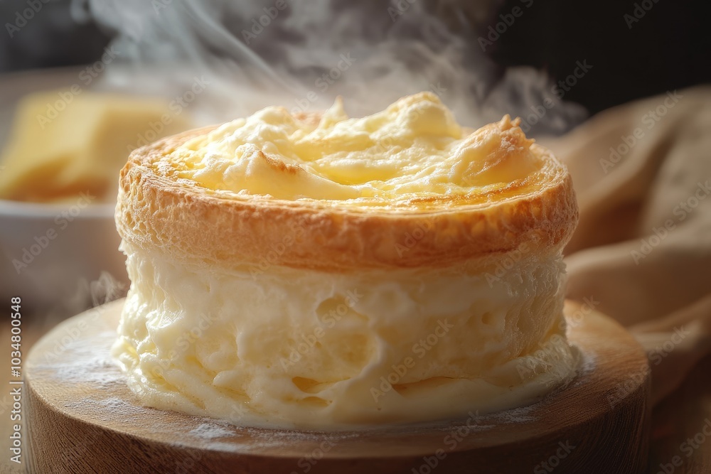 Steaming, Golden-Brown Souffle on a Wooden Cutting Board Steaming, Golden-Brown Souffle on a Wooden Cutting Board