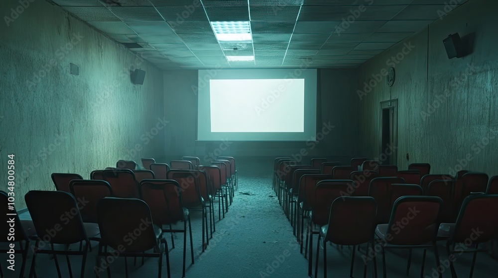 Empty Auditorium with Chairs Facing a Blank Screen Empty Auditorium with Chairs Facing a Blank Screen