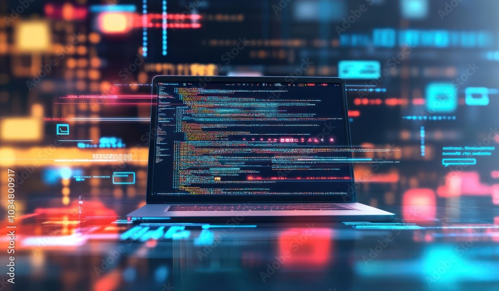 Laptop with Code on Screen and Digital Background Laptop with Code on Screen and Digital Background