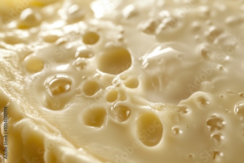 Close-up of Swiss cheese with large holes and a creamy texture