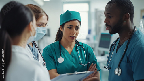 diverse group of medical professionals engaged in serious discussion in hospital setting. They are focused on patient care and collaboration, showcasing teamwork and dedication