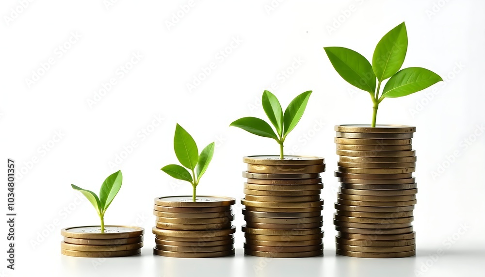 Growing young plants on top of coins stacks isolated on white background, financial business concept