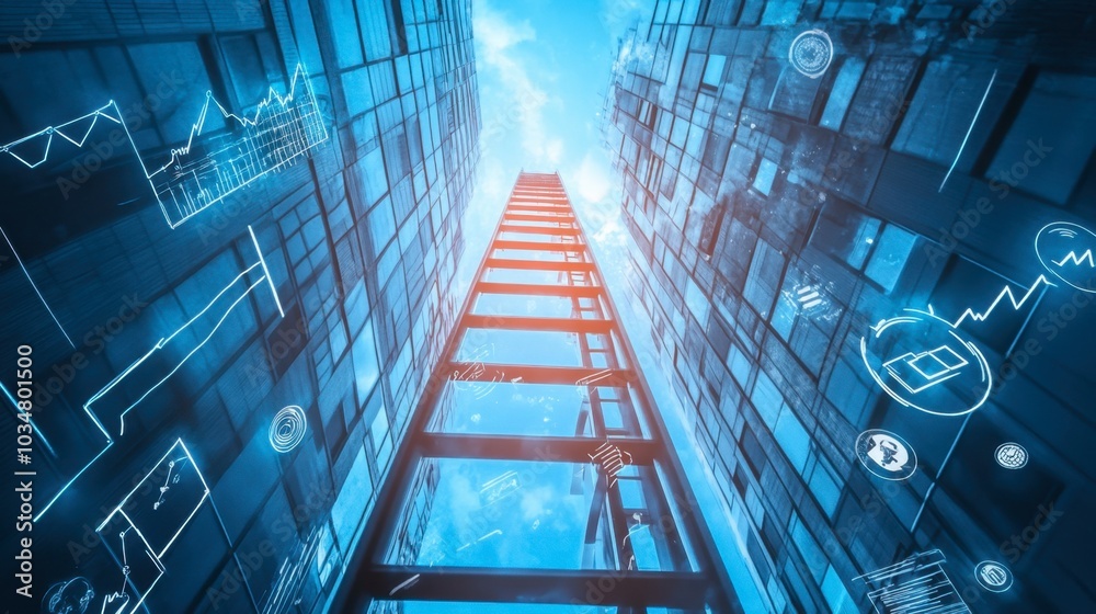 Obraz premium Urban Perspective with Digital Data Overlay