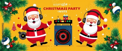 Nightclub invite on christmas party celebration funky crazy santa claus dj.