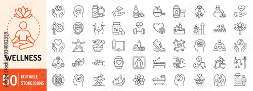 Wellness editable stroke outline web icons set. Healthy habits, yoga, spa, aromatherapy, relaxation, sleep, exercise and diet. Vector illustration