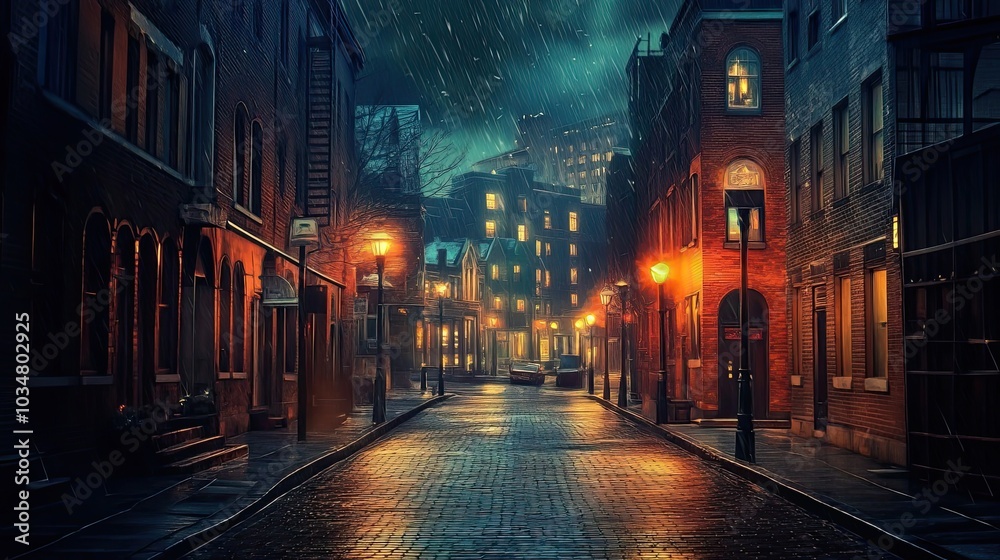 Fototapeta premium A Rainy Evening on a Cobblestone Street in a City with Illuminated Buildings