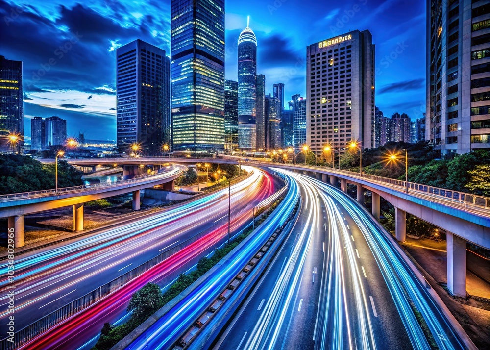 Vibrant Blue Light Trails on Busy City Highway at Night Vibrant Blue Light Trails on Busy City Highway at Night