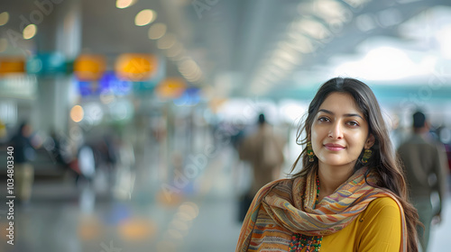 young indian woman standing on international airport