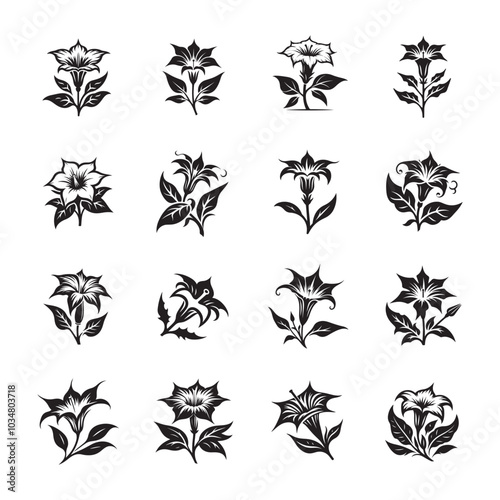 Elegant Datura Flower Silhouettes - Vector Icon Set