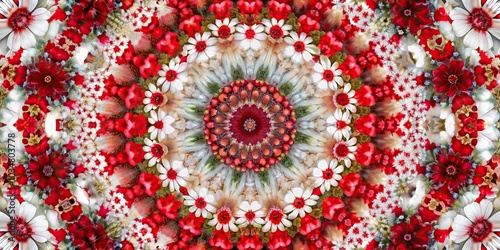 Abstract red and white floral kaleidoscope pattern on paper