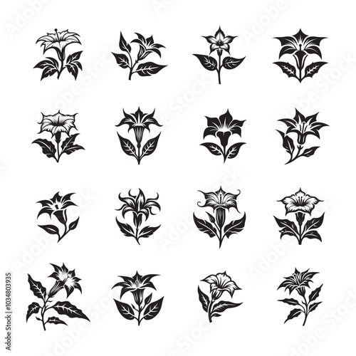 Vector Datura Flower Silhouette Icons - Floral Design Set