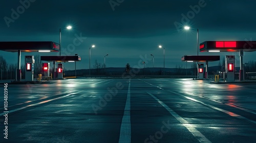 Empty Gas Station at Night with Wet Pavement photo