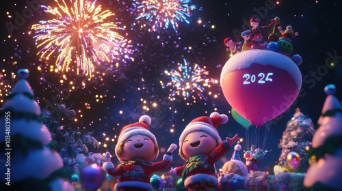 Festive 3D Characters Celebrating with Cheerful Fireworks