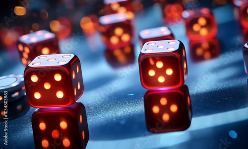 A vibrant scene featuring glowing dice and chips, evoking a casino atmosphere.