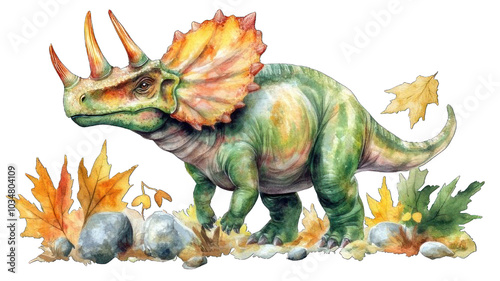 Fototapeta Naklejka Na Ścianę i Meble -  Collection of PNG. Dinosaurs , leaves and stones watercolor triceratop, isolated on a transparency background.