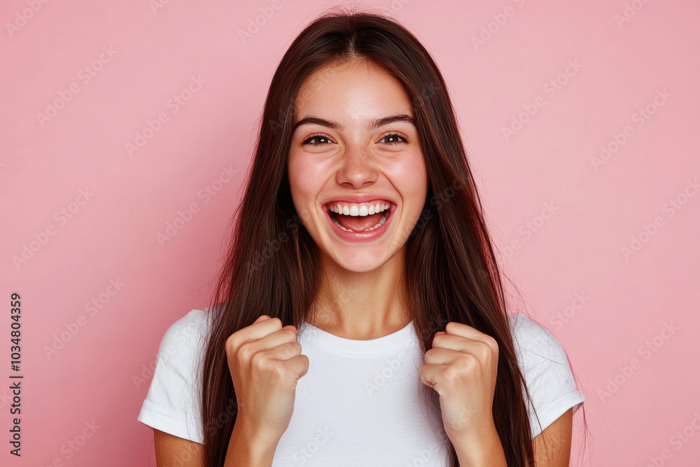 Young woman waving fists to celebrate victory Young woman waving fists to celebrate victory