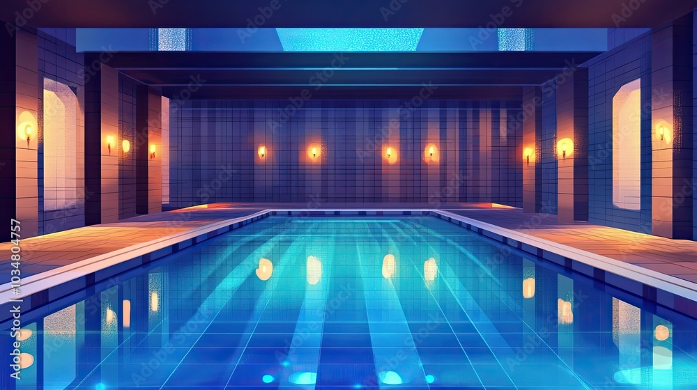 Indoor Swimming Pool with Blue Water and Warm Lights Indoor Swimming Pool with Blue Water and Warm Lights