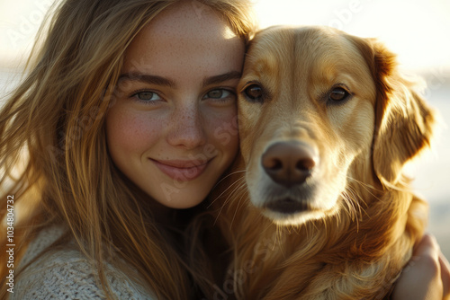 A young woman holding a dog and smiling at the camera