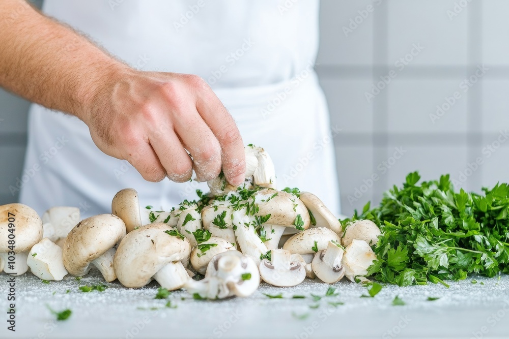 Hands Preparing Fresh Mushrooms in a Modern Kitchen Setting Hands Preparing Fresh Mushrooms in a Modern Kitchen Setting