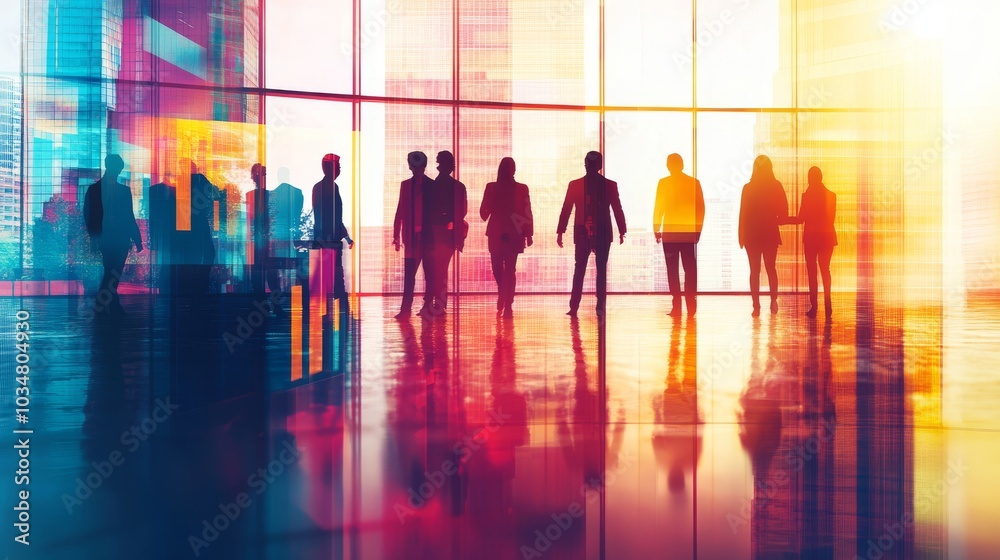 Silhouettes of business figures in a bright, modern office setting Silhouettes of business figures in a bright, modern office setting