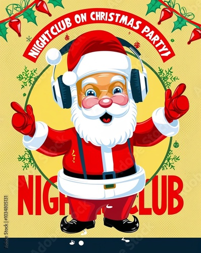 Nightclub invite on christmas party celebration funky crazy santa claus dj in white headset sing song sound melody listen music dance wear stylish x-mas hat suspenders isolated yellow color background