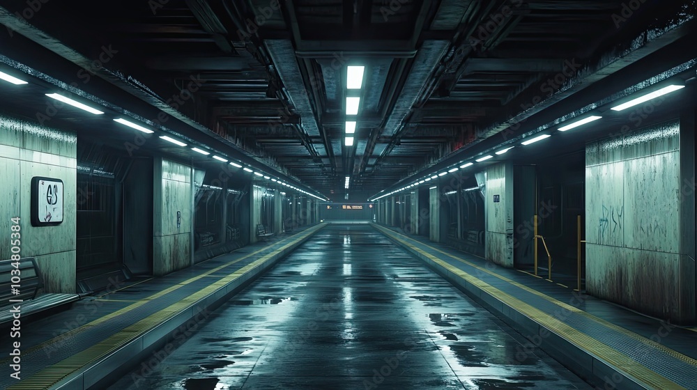 Obraz premium Wet, Empty, Futuristic Subway Platform