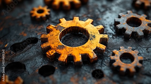 rust programming language concept with rusty gears emerging from the dark symbolizing robust and efficient system programming