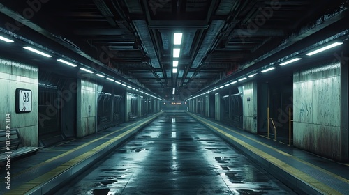 Wet, Empty, Futuristic Subway Platform