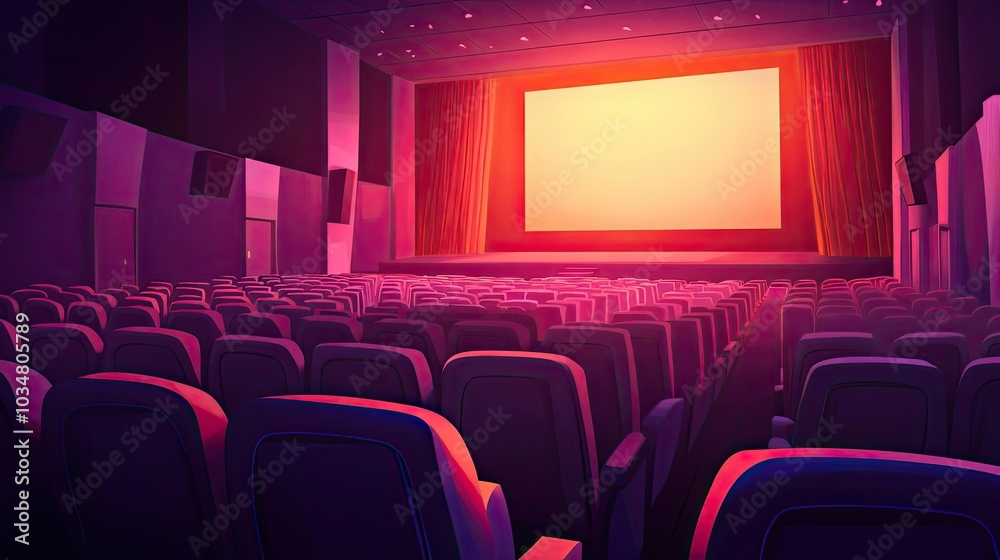Fototapeta premium Empty Theater Seats Facing a Large Screen with Red Curtains