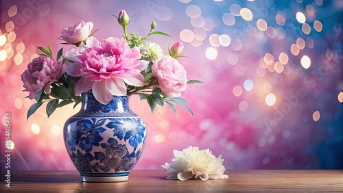 Wallpaper Mural A Delicate Bouquet of Pink Flowers in a Porcelain Vase with a Blurry Bokeh Background Torontodigital.ca