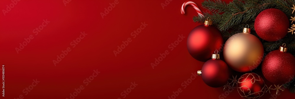 Festive Ornaments on Red Background for Christmas Celebration Festive Ornaments on Red Background for Christmas Celebration