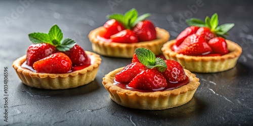 Sweet Treats A Row of Delicate Pastry Shells Filled with Fresh Strawberries and Topped with Mint Leaves, Glistening with Red Glaze on a Dark Background