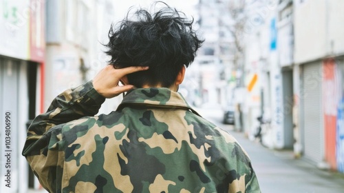 Young Man in Camouflage Jacket Walking in Urban Street with Graffiti Background, Bold Street Style and Self-Expression