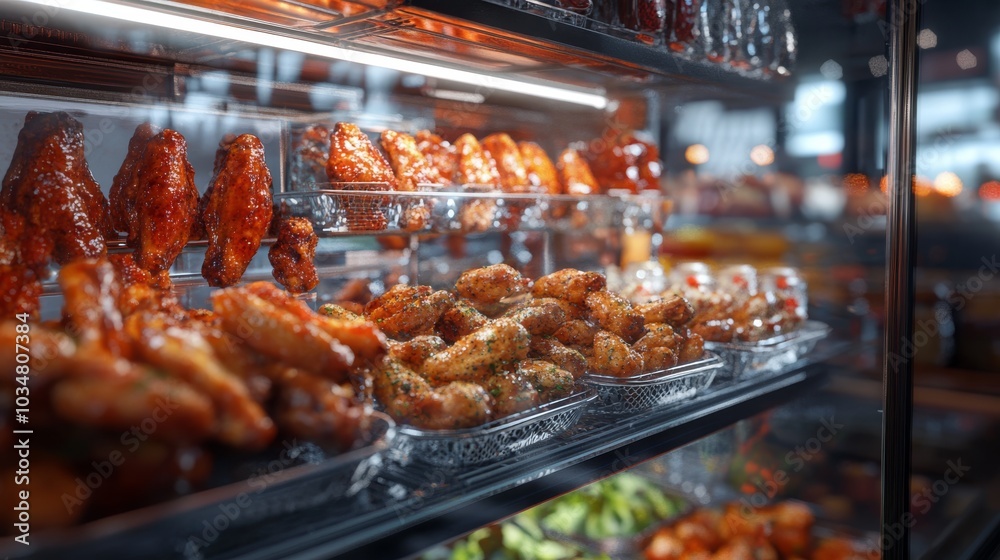 Ultra detailed, photorealistic scene of a fast-food restaurant��s glass display case at eye level Ultra detailed, photorealistic scene of a fast-food restaurant��s glass display case at eye level