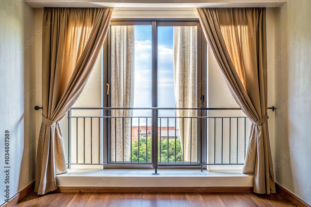 Balcony with railing and window with curtain Balcony with railing and window with curtain