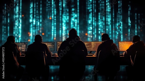 shadowy silhouettes of cybercriminals at work representing hackers and troll farms with dark ominous backdrop suggesting online threats and cyber warfare.image