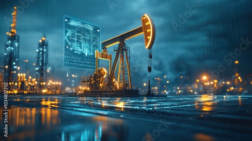 A cutting-edge pumpjack utilizing a holographic display for remote monitoring and control, reflecting the advanced capabilities of modern oil extraction technology.