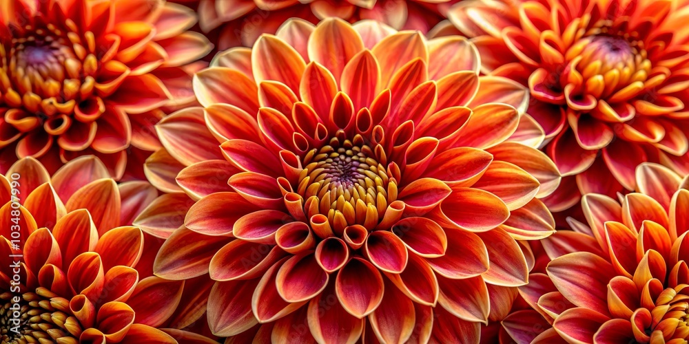 A captivating close-up of vibrant red and orange dahlia blooms, showcasing the intricate details of their delicate petals and the subtle hues of their layered centers. A captivating close-up of vibrant red and orange dahlia blooms, showcasing the intricate details of their delicate petals and the subtle hues of their layered centers.