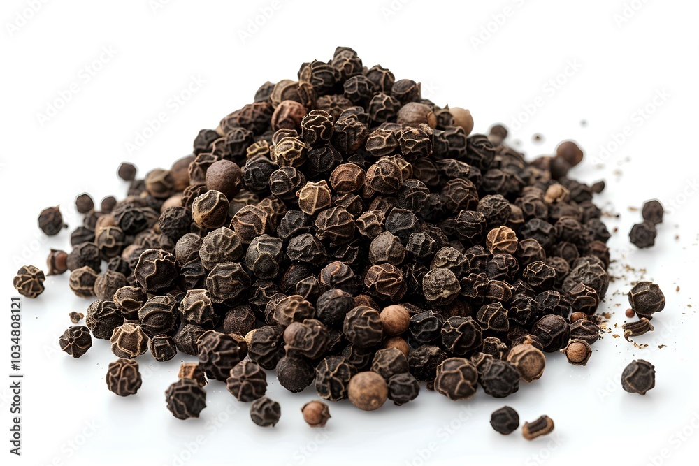 A pile of black pepper seeds on a white surface A pile of black pepper seeds on a white surface