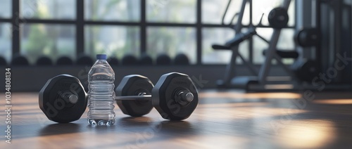 Dumbbell and Water Bottle at the Gym