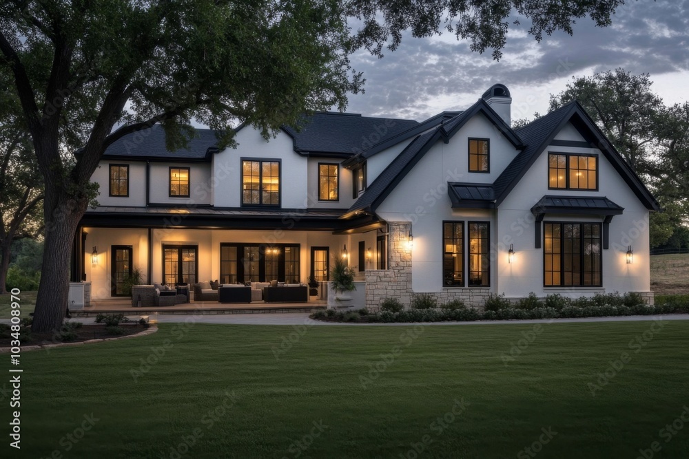 Beautiful two-story house large front yard has white The twilight ambiance adds Beautiful two-story house large front yard has white The twilight ambiance adds