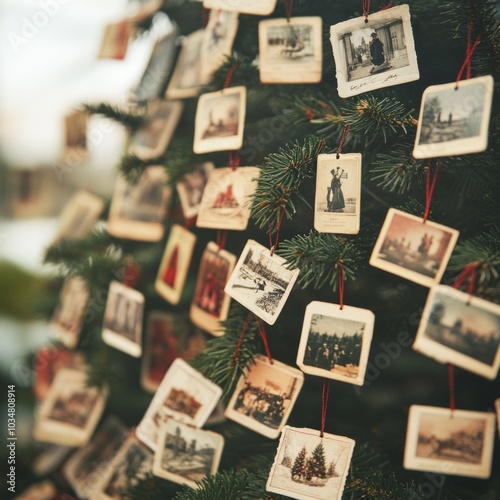 A decorated Christmas tree adorned with vintage photographs.