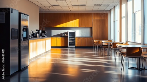 Modern Office Kitchenette with Stainless Steel Refrigerator and Wooden Cabinets