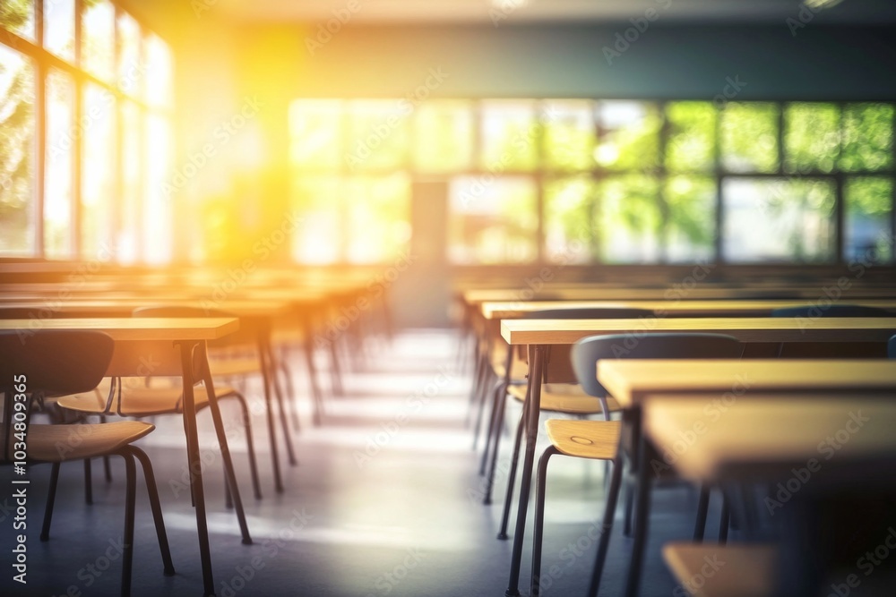 Classroom rows wooden desks chairs are arranged neat School in blur Classroom rows wooden desks chairs are arranged neat School in blur