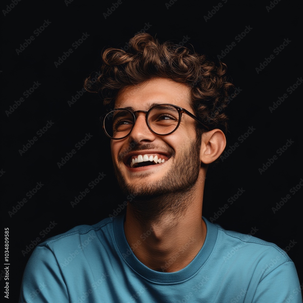 Close-up portrait young man curly hair glasses He A smiling and confident Close-up portrait young man curly hair glasses He A smiling and confident