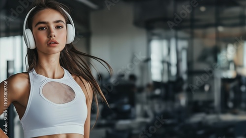 Sportliche junge Frau mit Kopfhörern im Fitnessstudio. Konzentrierter Blick, trainierte Figur in engem Sportoutfit. Umgeben von Trainingsgeräten photo