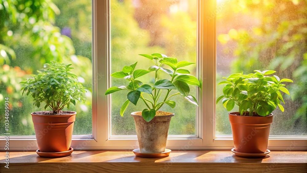 Fototapeta premium Sunlight streams through the window, illuminating a trio of potted plants, their vibrant green leaves reaching for the warmth, creating a serene and tranquil atmosphere.