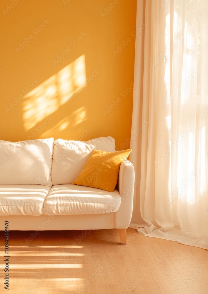 Sunny Cozy Living Room with White Sofa and Yellow Pillow Sunny Cozy Living Room with White Sofa and Yellow Pillow