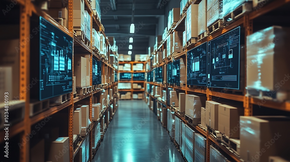 Technology warehouse with rows of organized boxes, digital screens displaying product delivery info, bright lighting. Technology warehouse with rows of organized boxes, digital screens displaying product delivery info, bright lighting.
